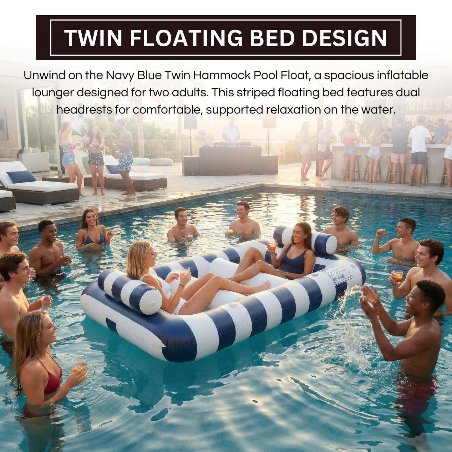 Navy Blue Twin Hammock Pool Float, Single Piece, 86.61 x 53.15 x 16.54"