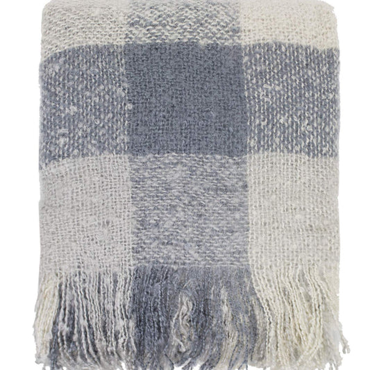 Harbor Plaid Faux Mohair Fringed Throw Blanket