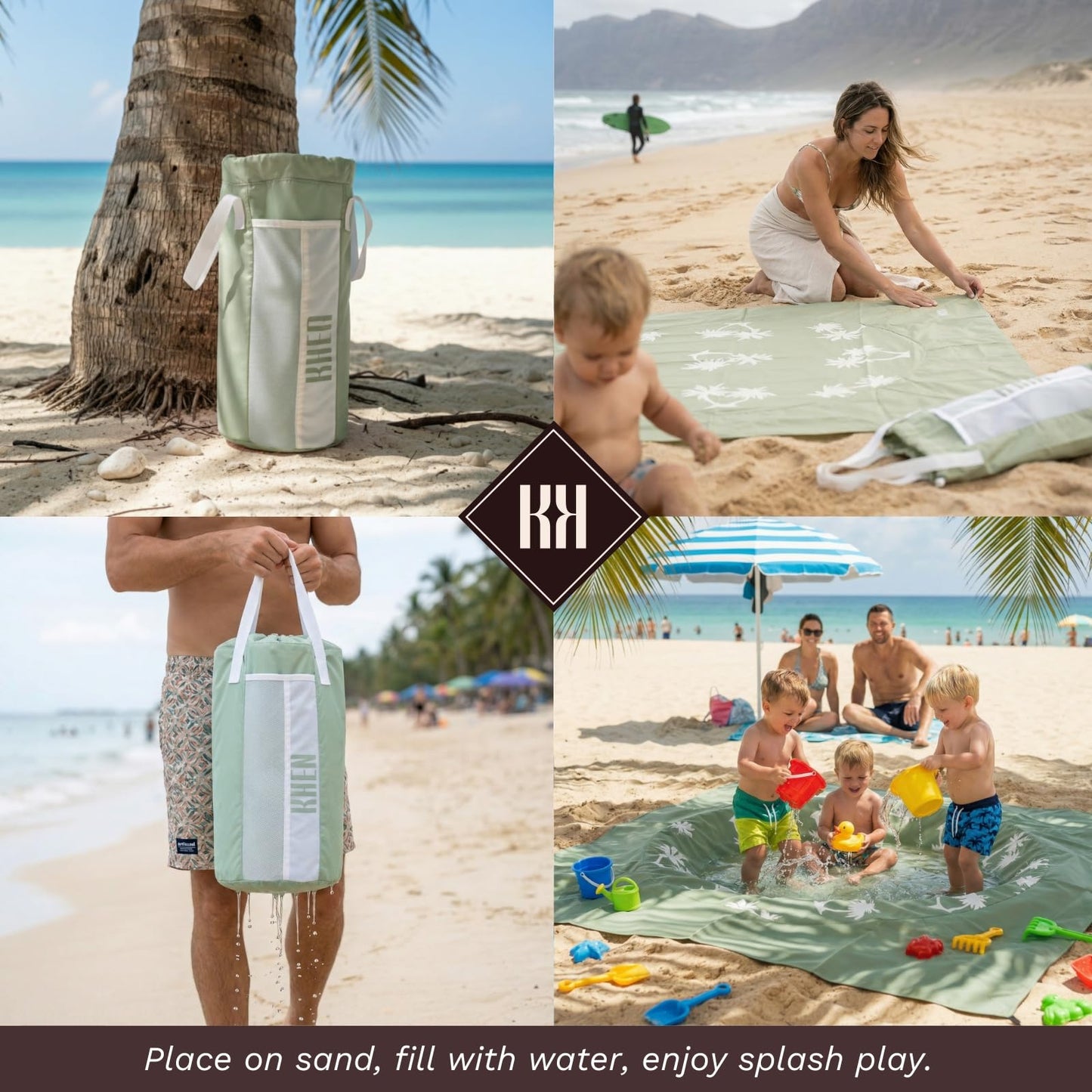 Khen Baby Beach Splash Mat Green, 1 Piece, 78.74 x in Waterproof Polyester Portable Foldable