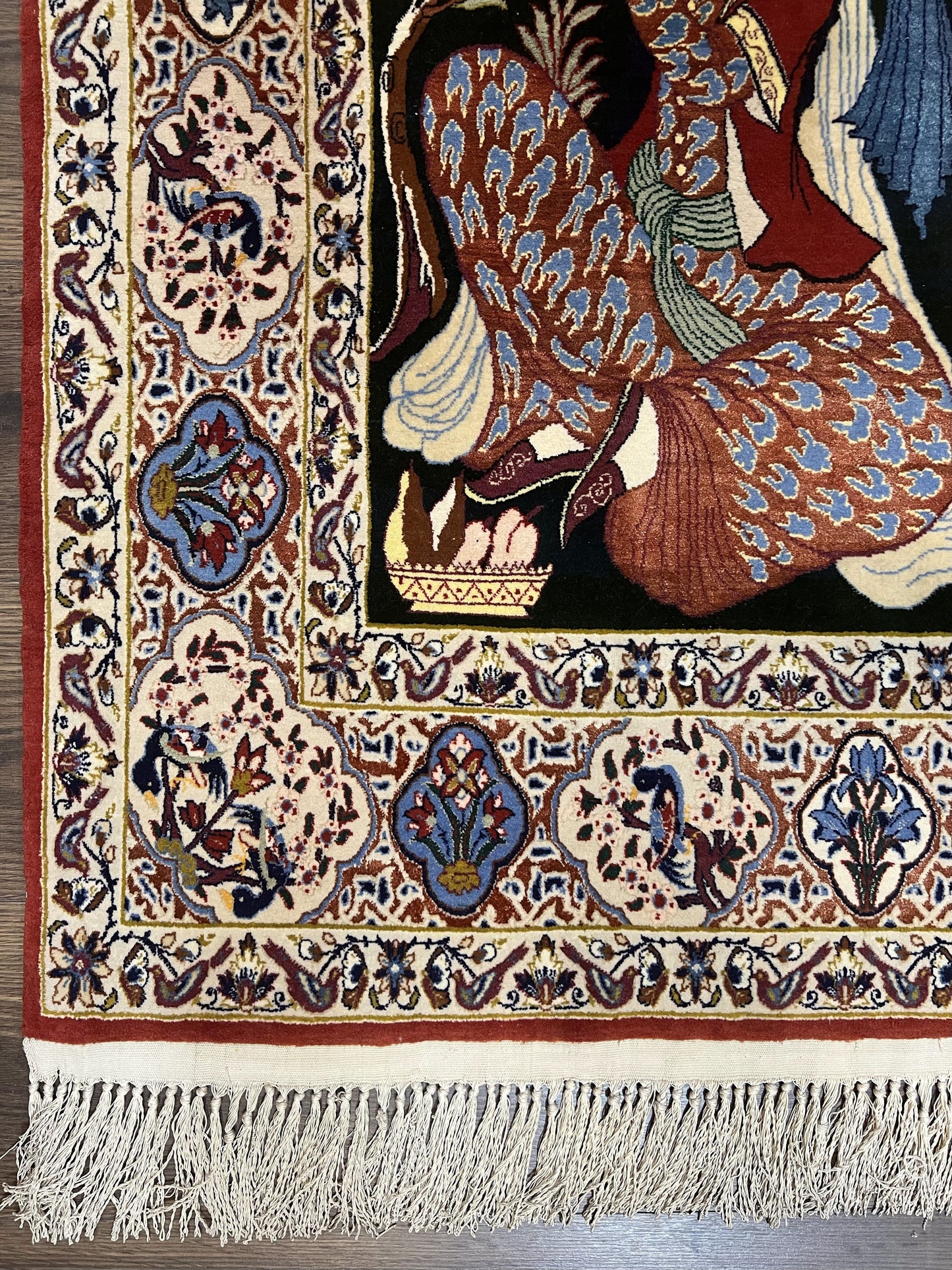 Persian Pictorial Rug 5 x 4 ft, Persian Isfahan Rug, Kork Wool on Silk Foundation, Signature from Master Weaver, Drums and Musical Instruments, Birds, Detailed