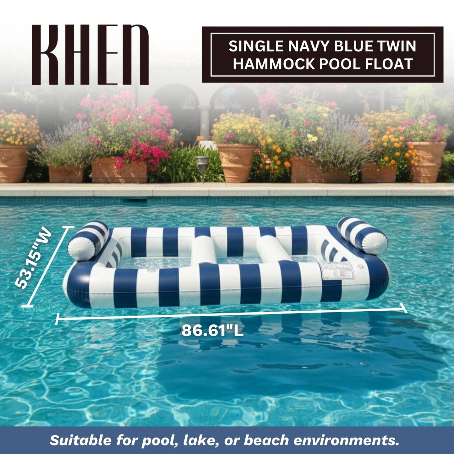 Navy Blue Twin Hammock Pool Float, Single Piece, 86.61 x 53.15 x 16.54"