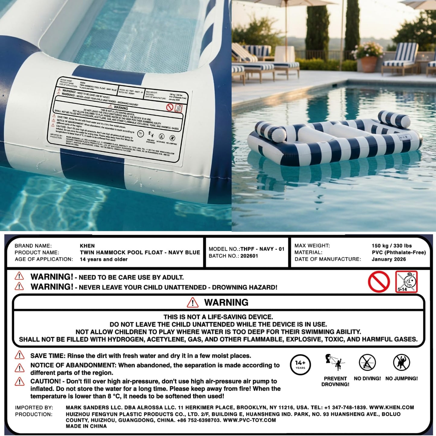 Navy Blue Twin Hammock Pool Float, Single Piece, 86.61 x 53.15 x 16.54"
