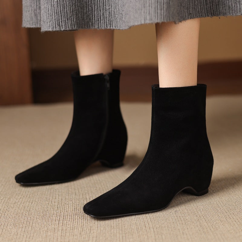 Women's Ankle Boots With Height Lift, Side Zipper & Fleece Lining | Square Toe Block Heel
