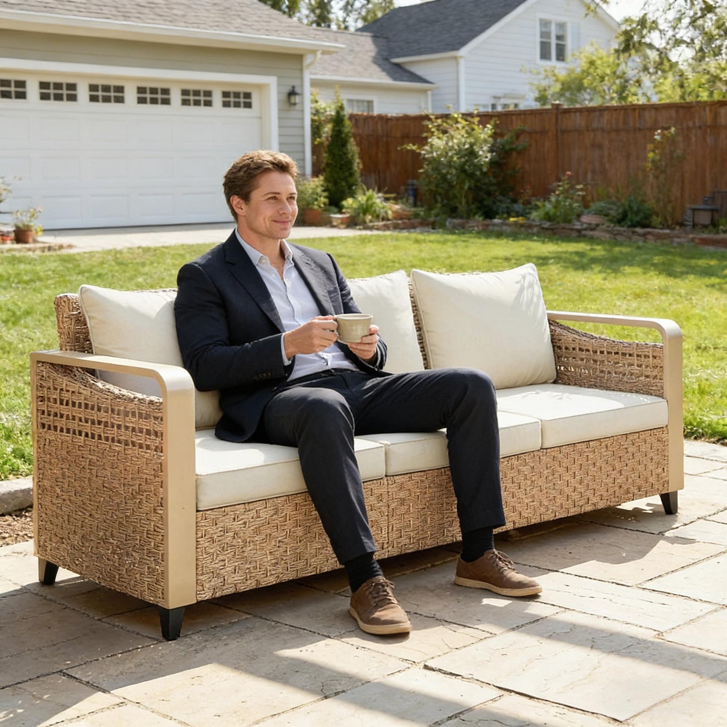 Sofa Outdoor Patio Rattan Wicker with Weather Resistant Cushions Poolside