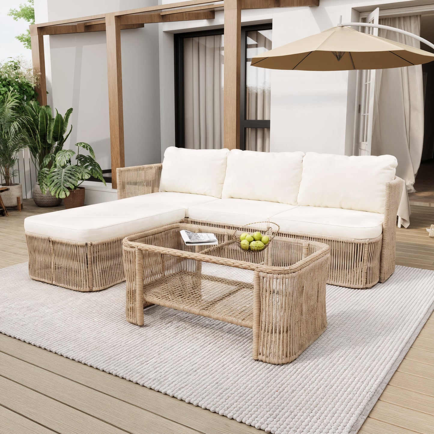 Outdoor Patio Set Rattan Dark Beige Iron Frame Conversation Sofa