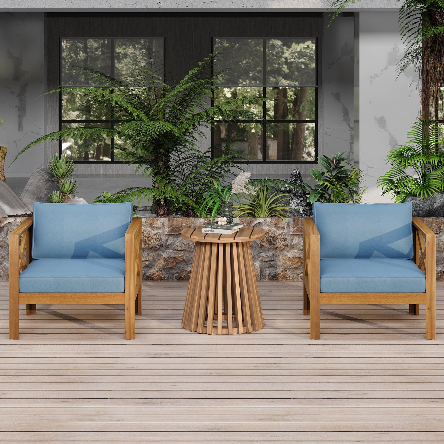 Patio Conversation Set Acacia Wood Armchairs Teak Finish Side Table Set of 2