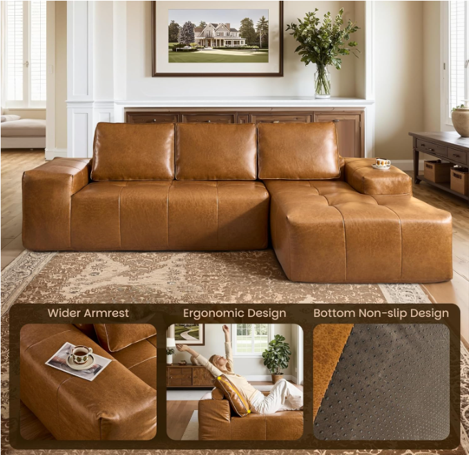 Sectional Sofa L-Shape Faux Leather Brown 3 Seat with Chaise 114 In