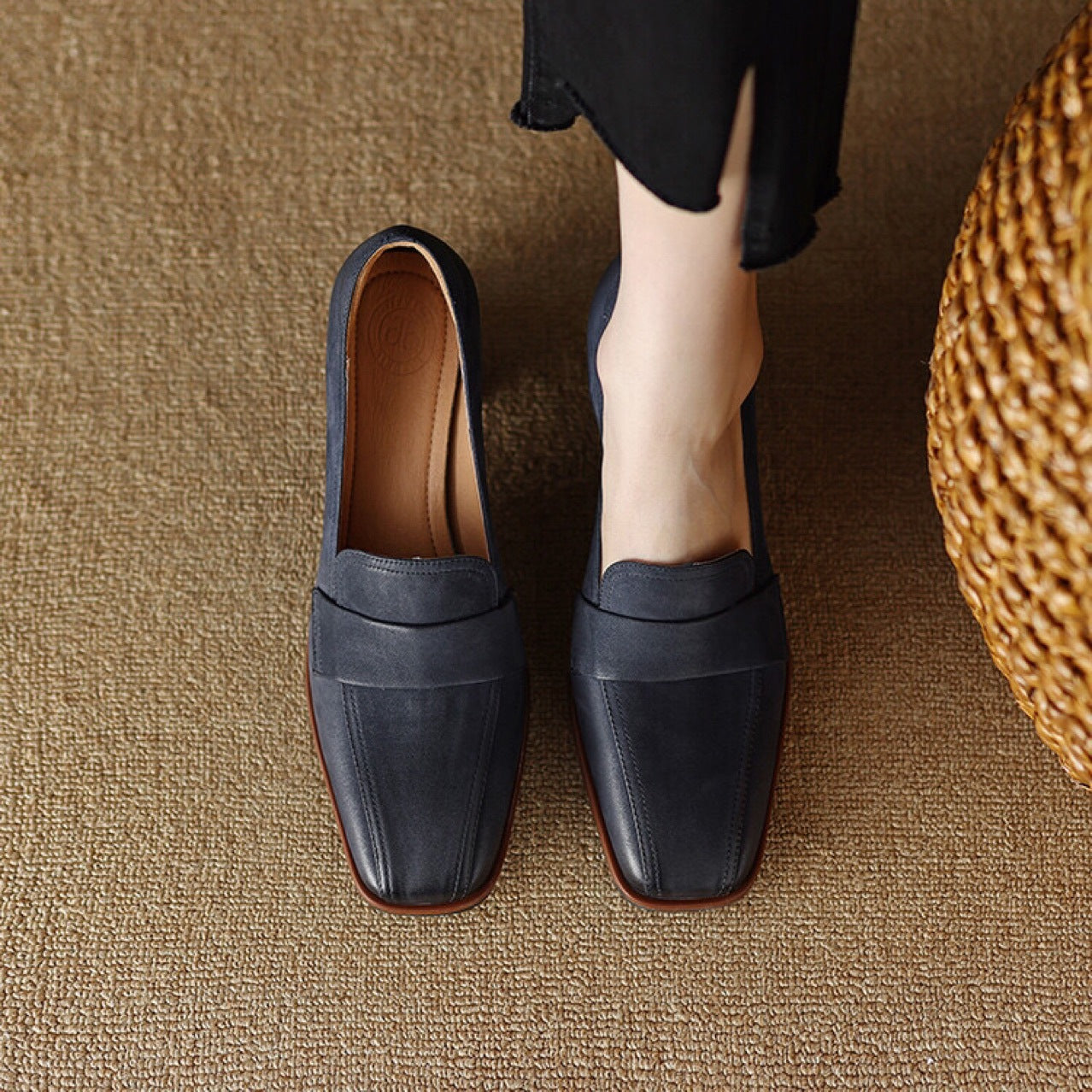 Women's Square Toe Chunky Heel Shoes – Sheepskin Upper, Retro Dress Heels in Blue & Apricot