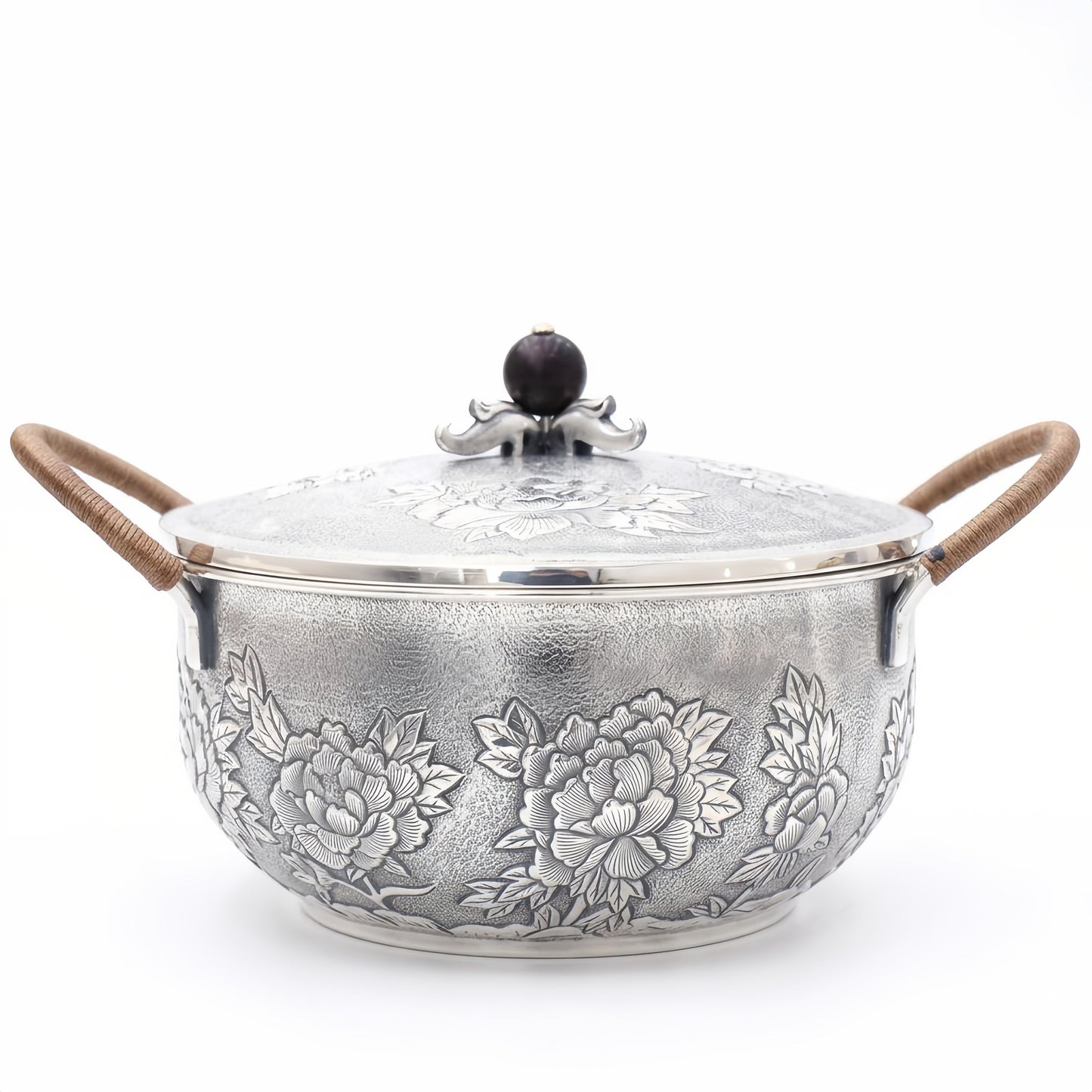 925 Sterling Silver Elegant Handcrafted  Serving Pot with Floral Motifs and Wooden Handles-Premium Hot Pot - Handicraft