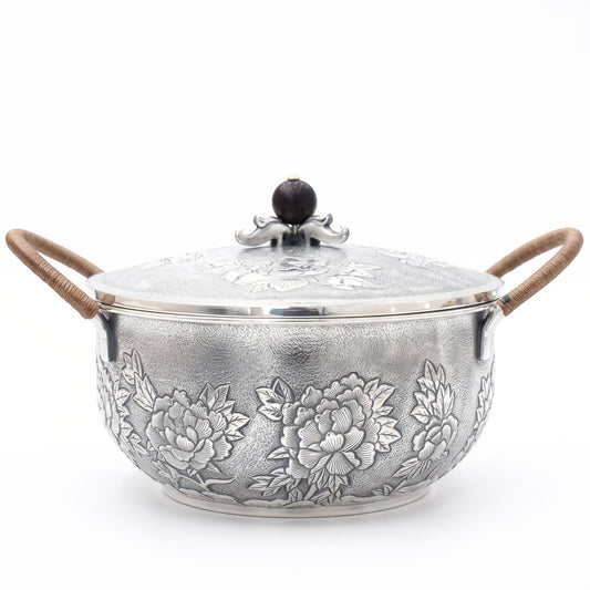 925 Sterling Silver Elegant Handcrafted  Serving Pot with Floral Motifs and Wooden Handles-Premium Hot Pot - Handicraft