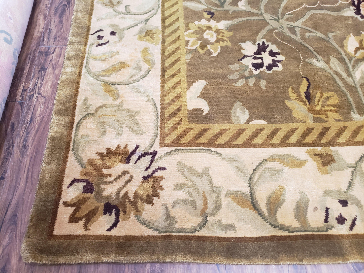 8x10 Tibetan Rug, Green & Beige Floral Rug, Large Handmade Wool Rug