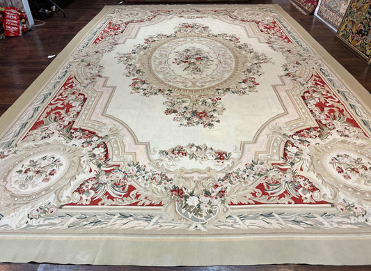 Large Aubusson Rug 11x17, Wool Handmade Vintage Carpet, Ivory Beige, French European Elegant Design, Palace Size Rug