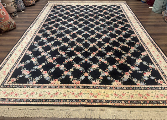 8.8 x 12 Karastan Garden of Eden Rug, Ebony Trellis #509/1270, Black, Floral, Wool Pile, Vintage, Discontinued