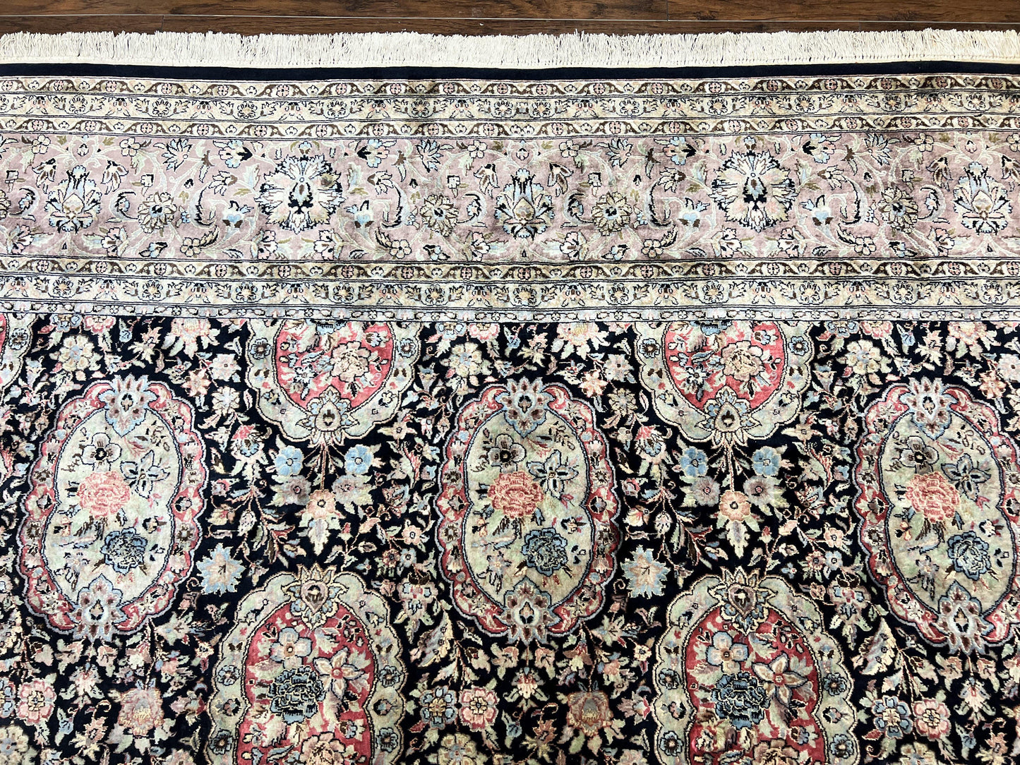 Sino Persian Rug 9x12, Navy Blue and Pink Hand Knotted Wool and Silk Highlights Vintage Oriental Carpet, Handmade Floral Area Rug 9 x 12 ft