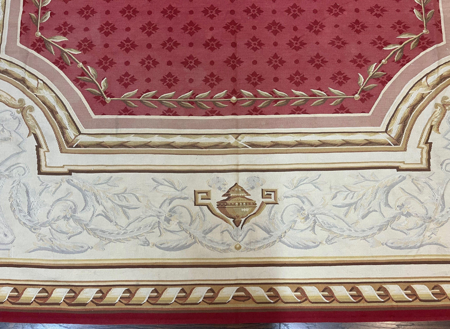 Aubusson Rug 9x12 ft, Red and Ivory Elegant Aubusson Carpet, Flatweave, Vintage Wool Handmade Area Rug 9 x 12, French European Design