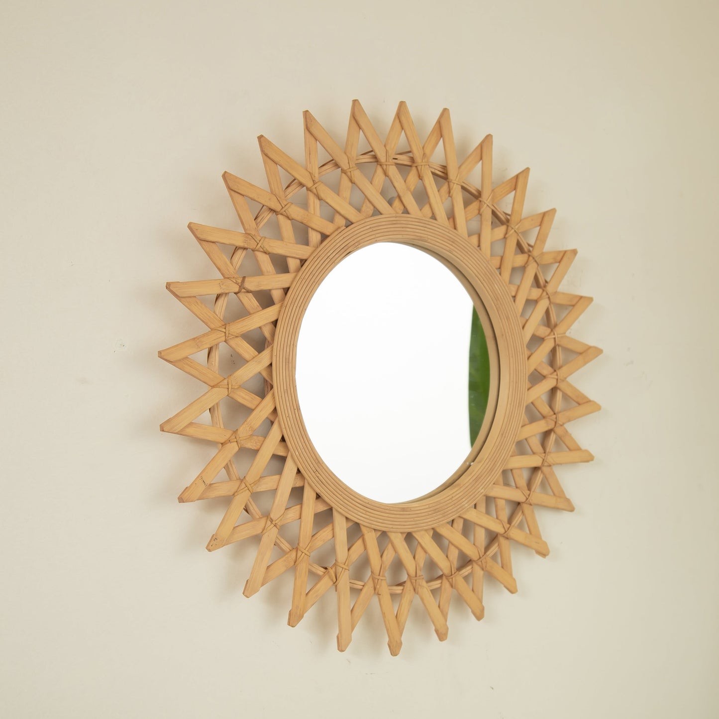 Wall Mirror Round Bamboo Hemp Rope Diamond Pattern Natural Boho 23.6 In