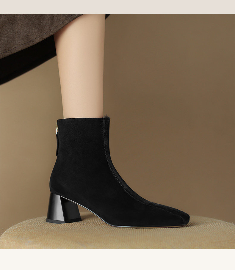 Women's Square-Toe Chunky Heel Horsehair Short Boots – Sheepskin Winter Boots