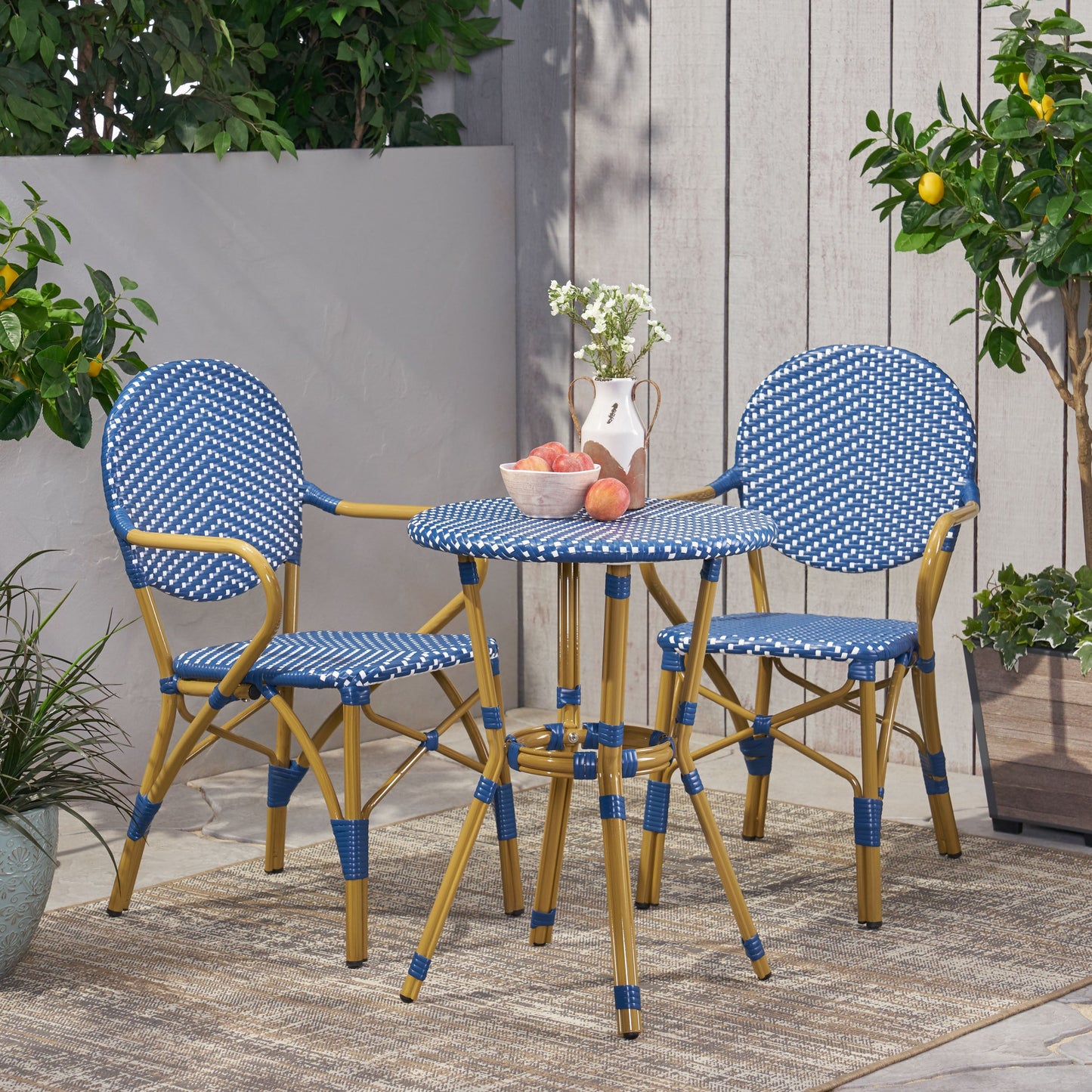 Outdoor PE Rattan and Aluminum 3 Piece French Bistro Set, Dark Teal & White,