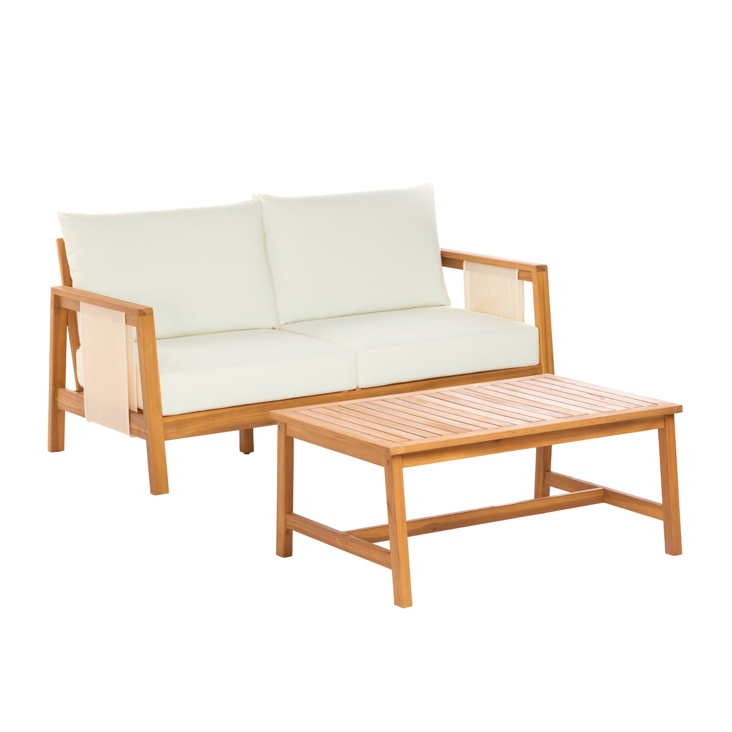 Outdoor Sofa Set Two Piece Acacia Wood Teak Finish Beige Cushions Coffee Table