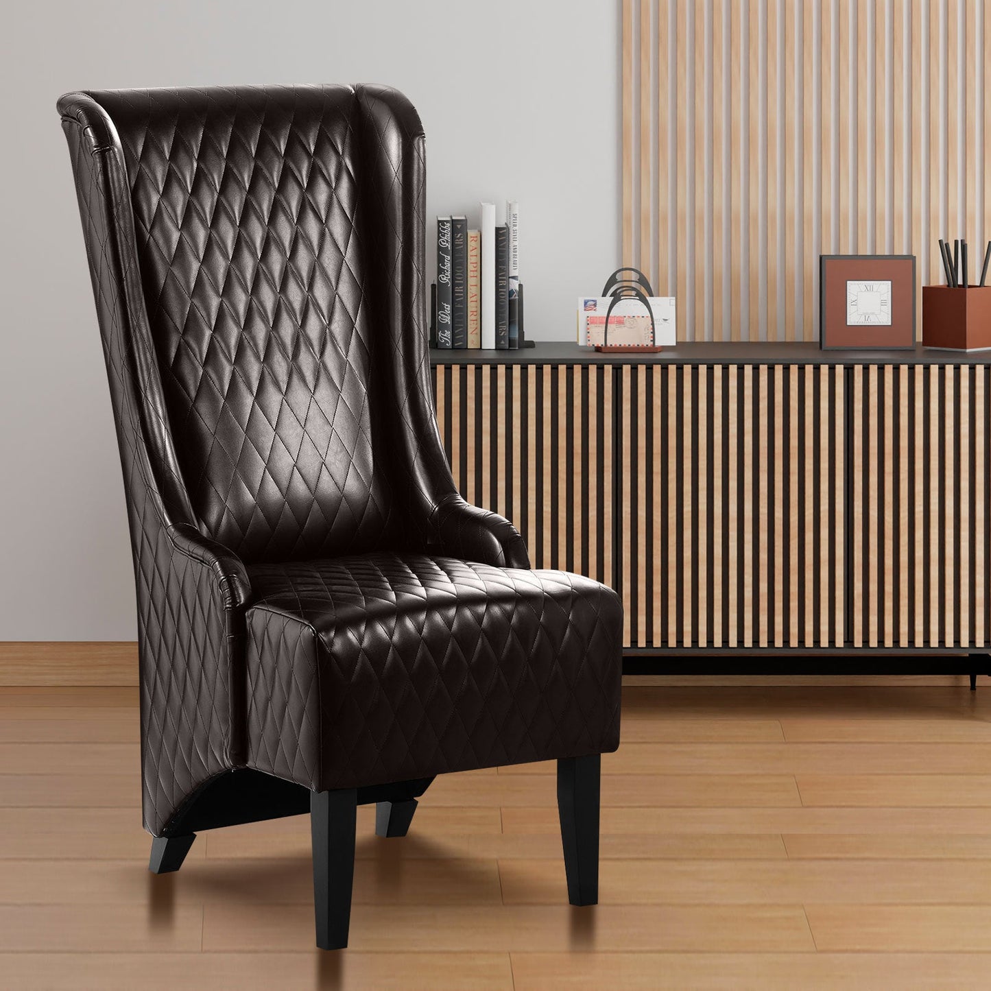 Accent Chair Wingback PU Leather Dark Brown High-Back Birch Legs 220 LB