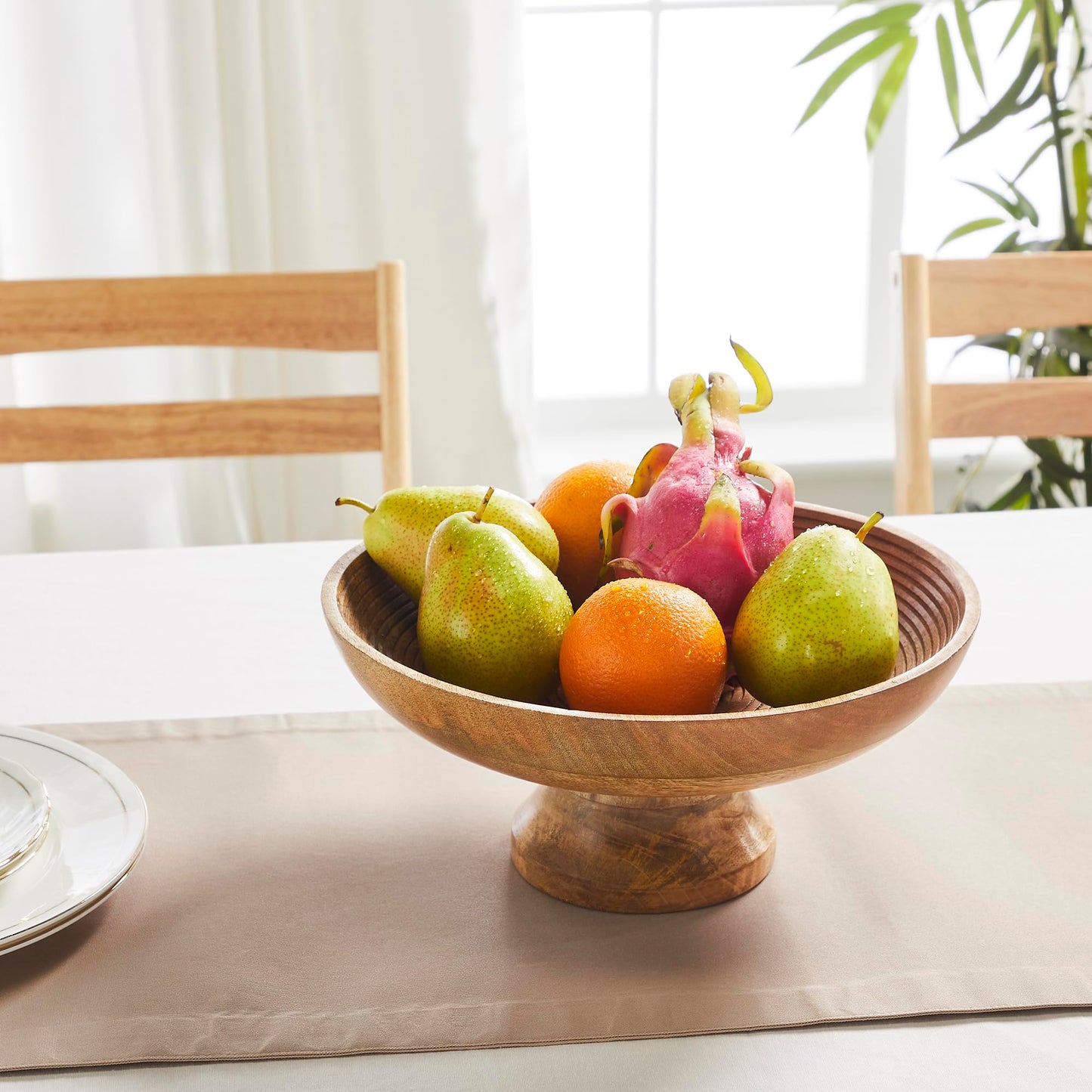 Ribbed Natural Wooden Farmhouse Accent Bowl