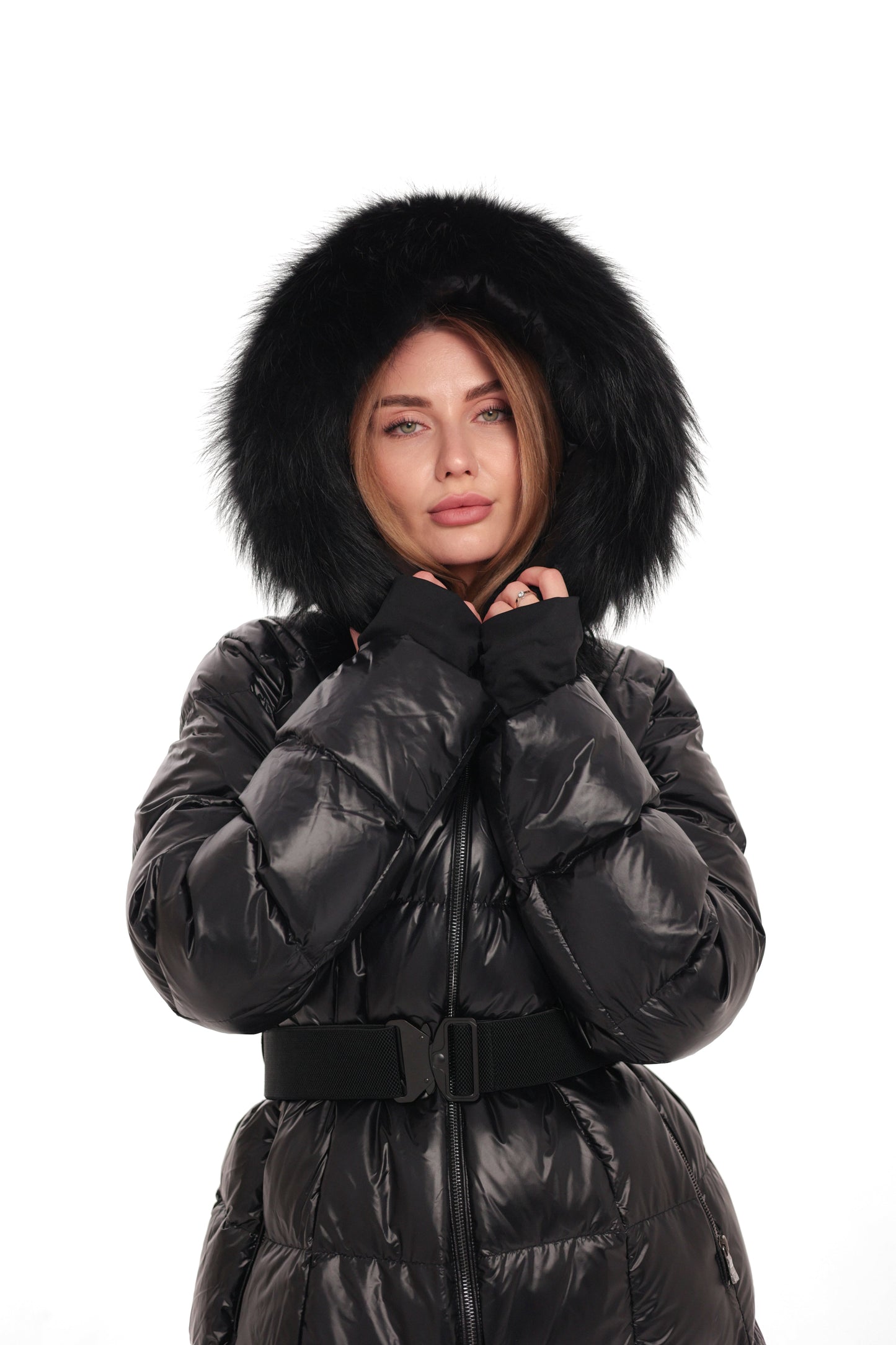 Cyrus Genuine Fur Trim Down Fill Coat in Black