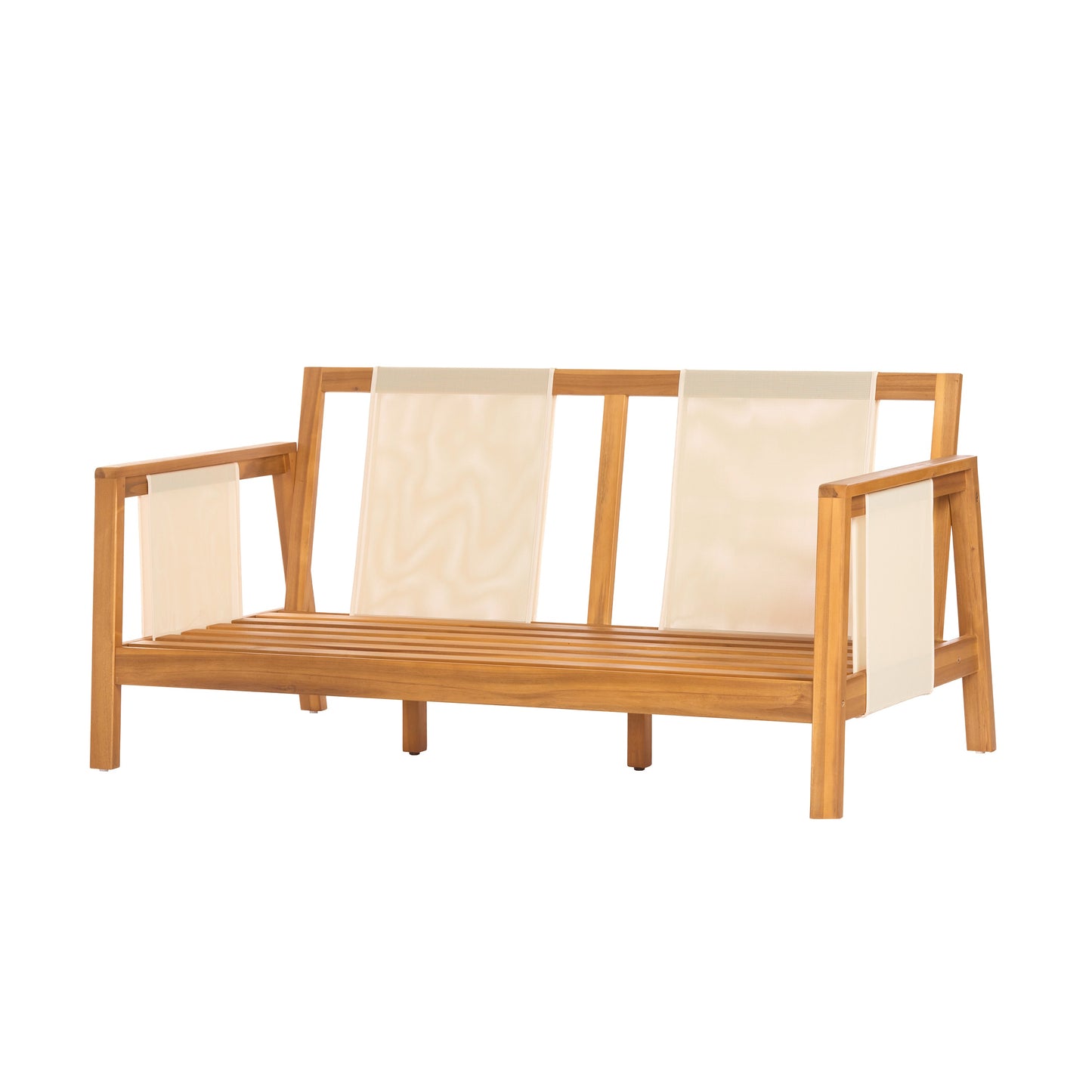 Outdoor Sofa Set Two Piece Acacia Wood Teak Finish Beige Cushions Coffee Table