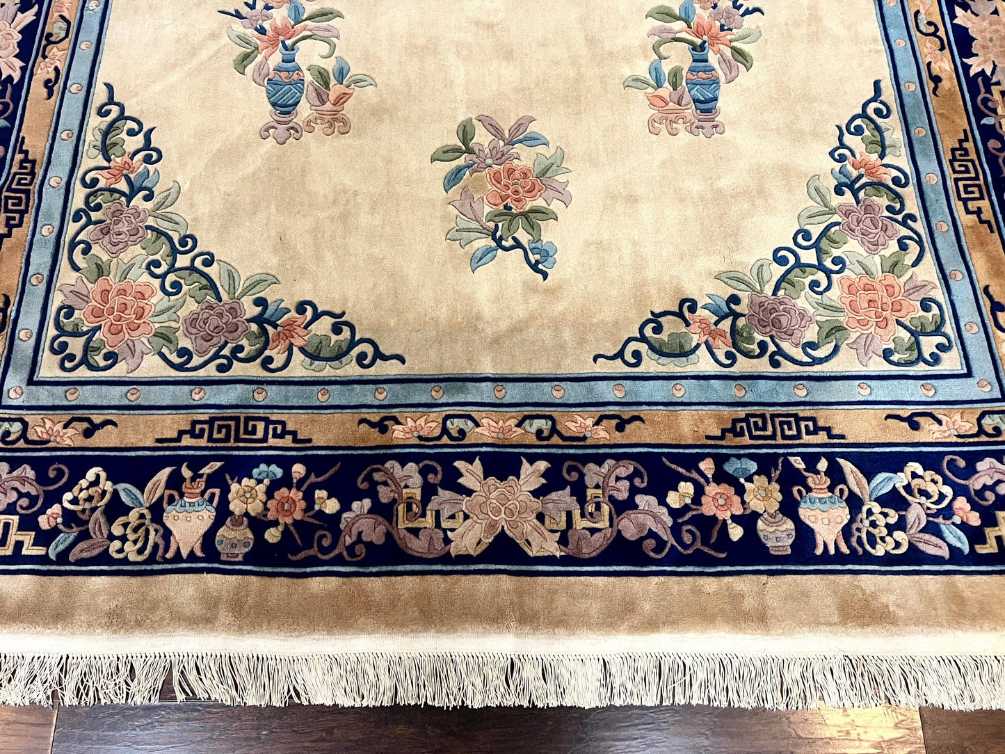 Chinese Wool Rug 8x11, Peking Asian Oriental Carpet, Cream/Ivory and Blue, Vintage Handmade Rug, Art Deco Rug