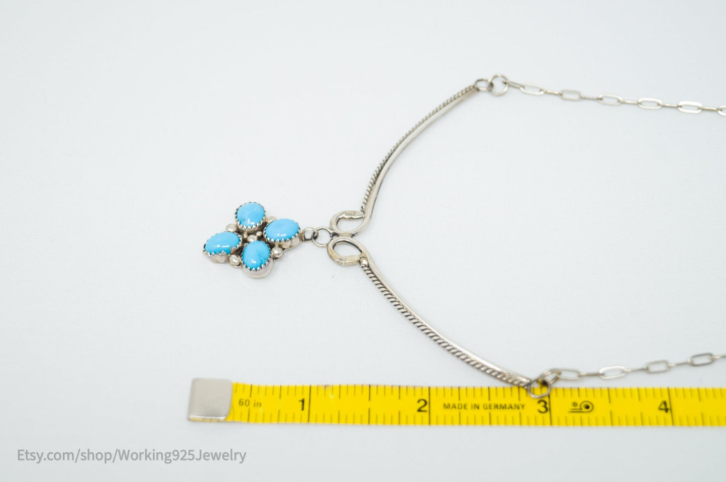 Vintage Native American Handmade KC Signed Turquoise Sterling Silver Necklace