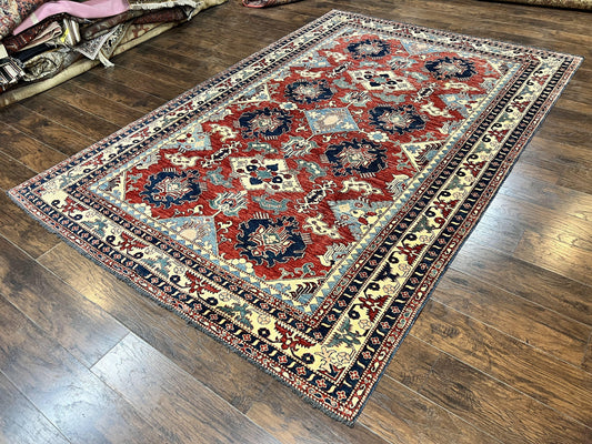Turkish Heriz Rug 7x10, Wool Hand Knotted Handmade Room Sized Oriental Carpet, Red & Ivory, Vintage Geometric Oriental Rug 7 x 10 ft