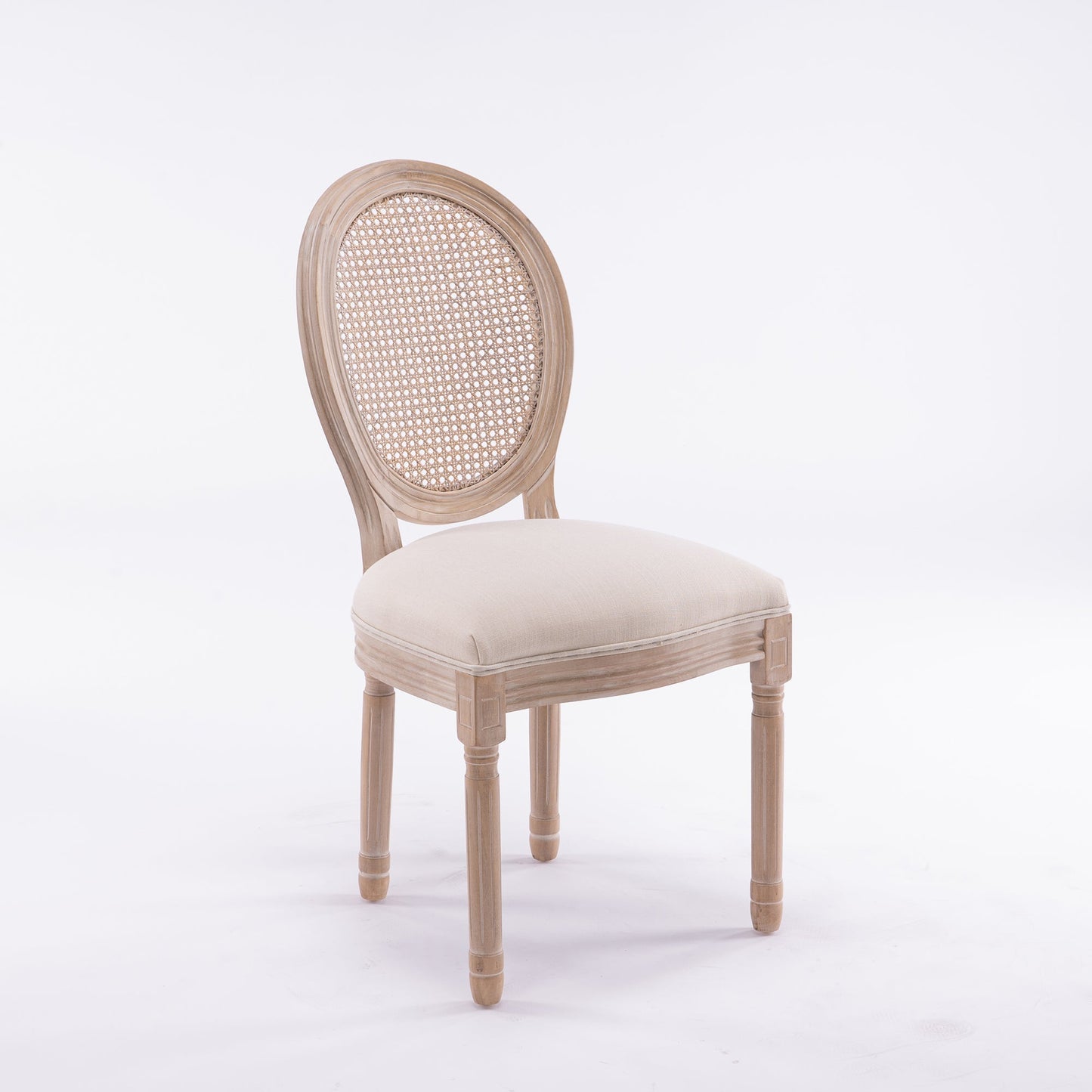 French Style Solid Wood Linen Fabric Rattan Back Dining Chair, Set of 2, Beige