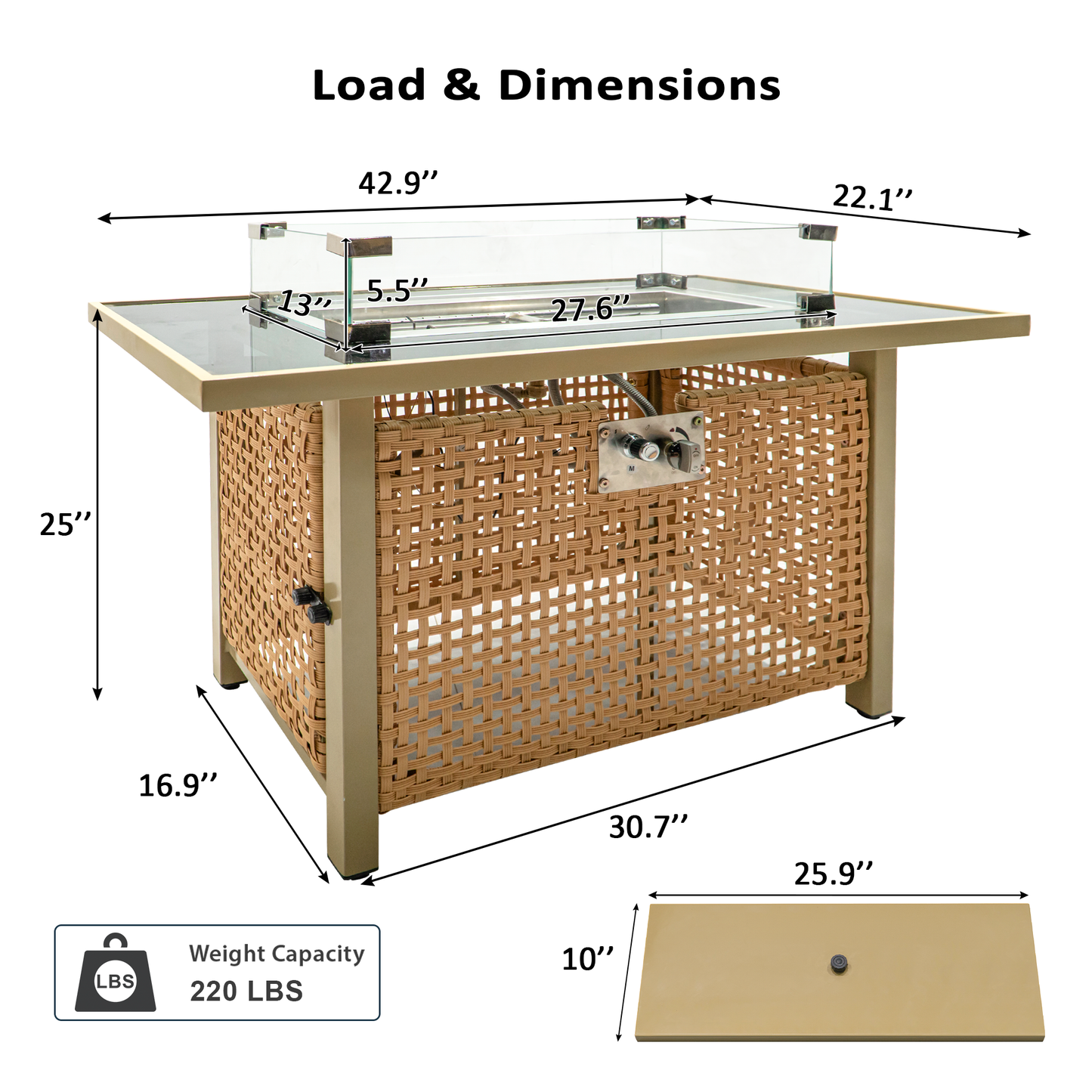 K&K 43' Rattan, Steel and Glass Propane Gas Fire Pit Table
