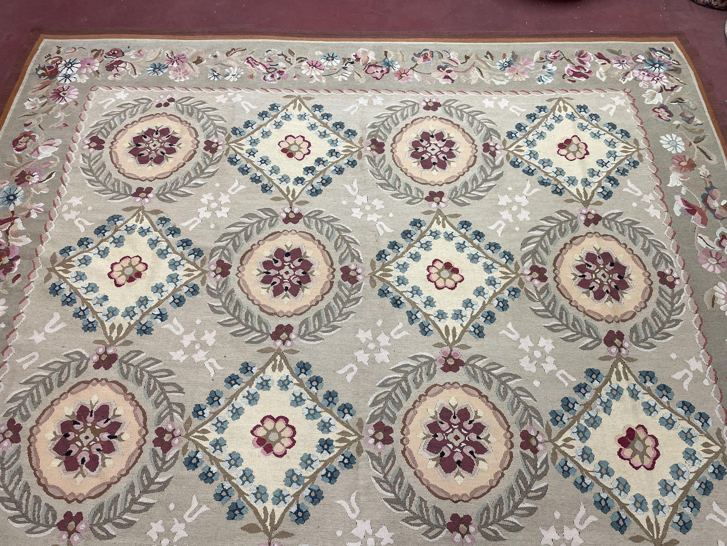 9x13 Needlepoint Carpet, French Design Rug, Hand-Knotted, Brand New Needlepoint Rug 9 x 13, English French European Style, Beige Floral
