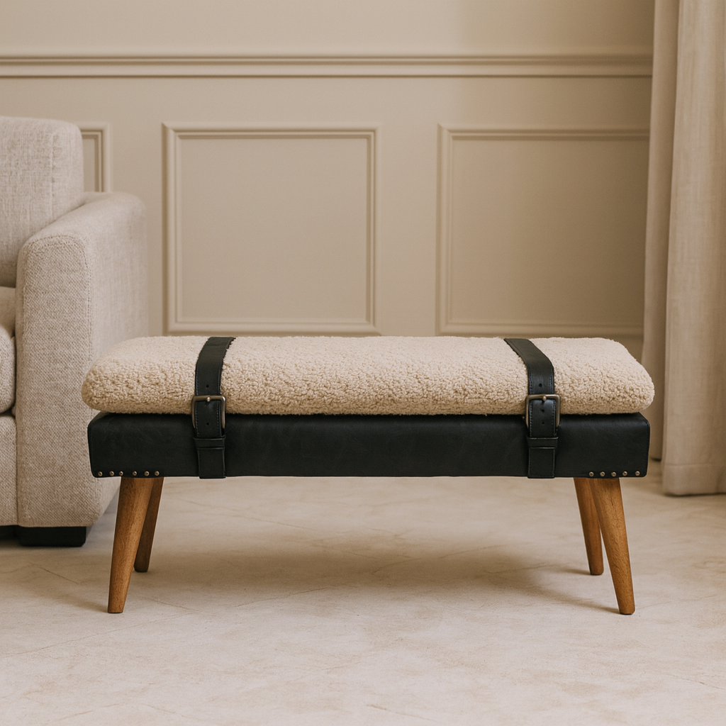 The Calder Bouclé & Buffalo Leather Bench — Oak