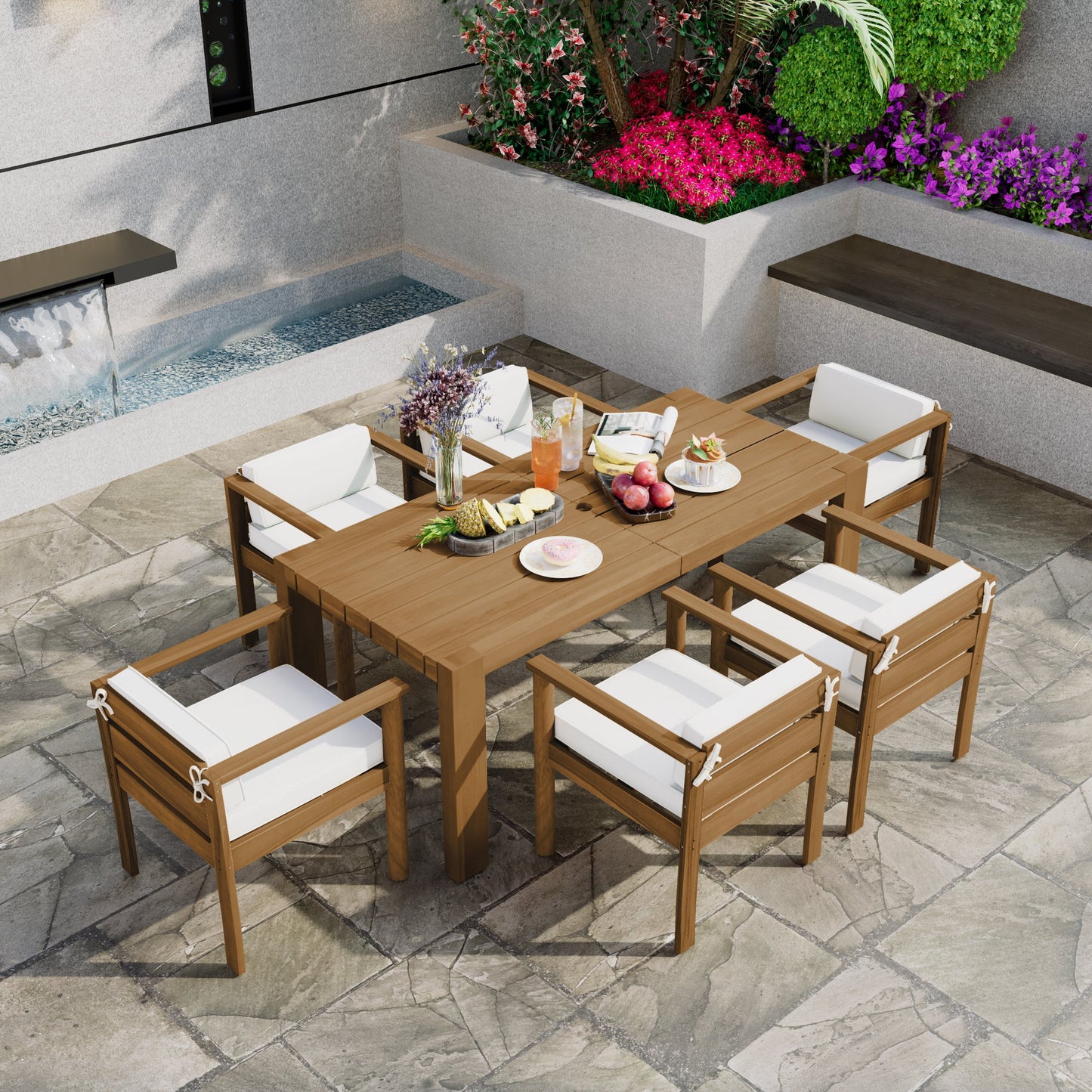 Patio Set Rectangle Light Teak with Removable Cushions for 6 72.8 Inch Table