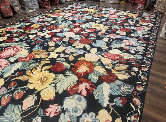 Palace Size Needlepoint Rug 12x18, Vintage Spanish Portuguese Carpet, Floral Design