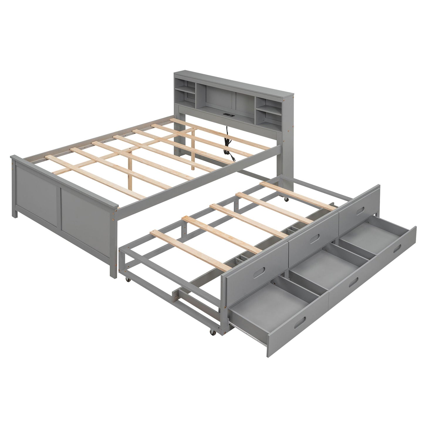Platform Bed With Storage Headboard, USB, Trundle And 3 Drawers