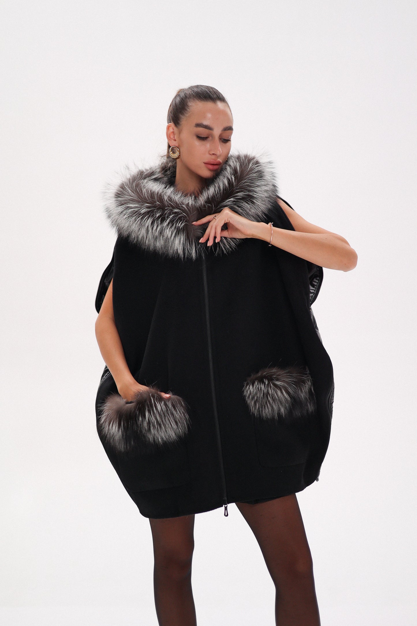 Saga®Furs Silver Fox Wool Alpaca Poncho Vest in Black