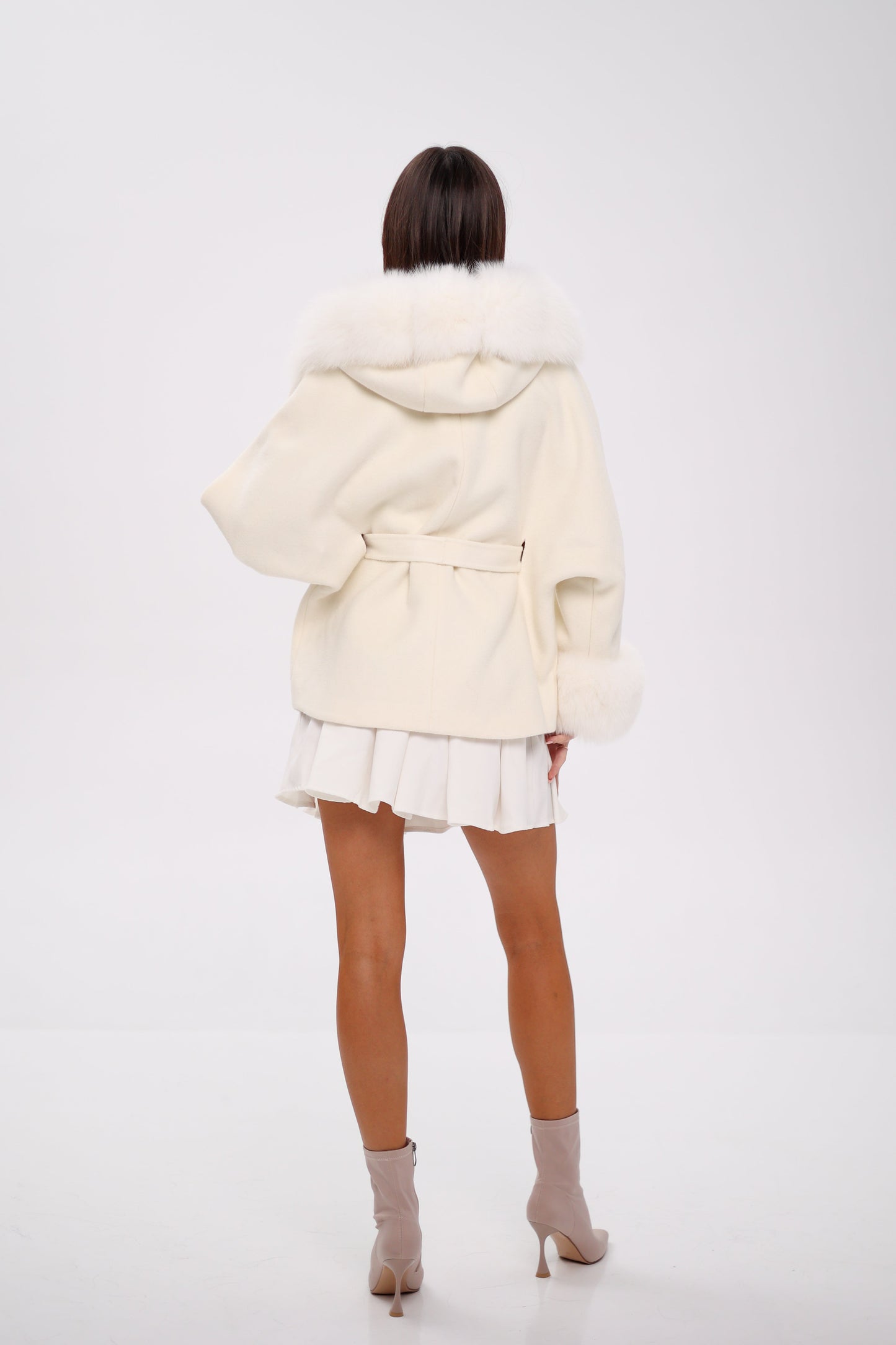 Genuine Polar Fox Fur Wool Hooded Coat