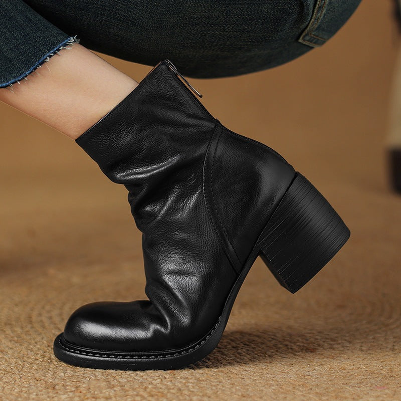 Women's Retro Pointed-Toe Ankle Boots | Chunky Heel Back Zipper Sheepskin