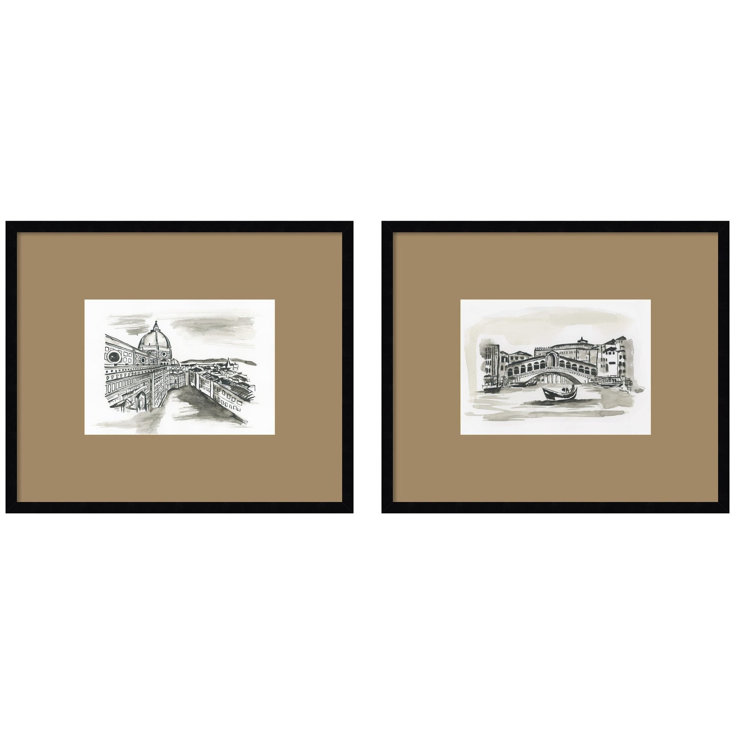 Vintage Postcard Florence & Venice 2 Piece Framed Wall Art Print Set by Teju Reval Brown Mat