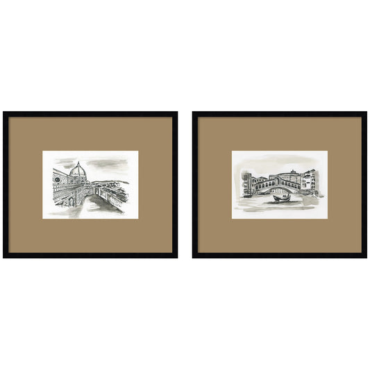 Vintage Postcard Florence & Venice 2 Piece Framed Wall Art Print Set by Teju Reval Brown Mat