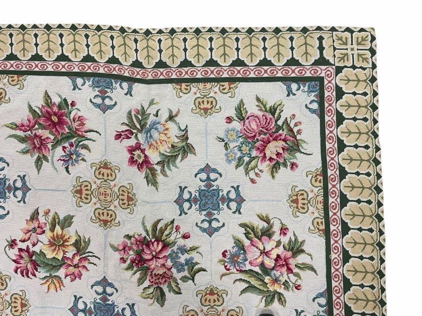 Hand-Knotted Needlepoint Carpet 6x9, Ivory/Cream Background, Colorful Flowers, Yellow Border, Aubusson Rug 6 x 9, New, Handmade