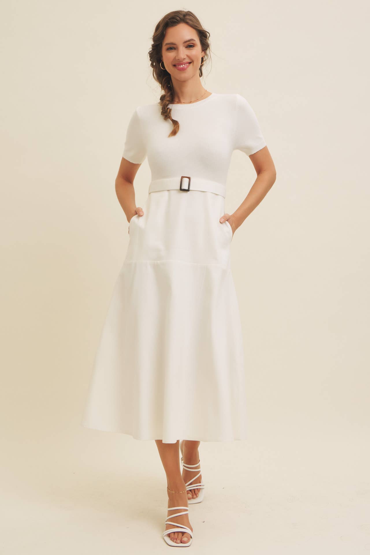 DELANEY- Super Soft White Mixed Media Sweater Midi Dres with Belt