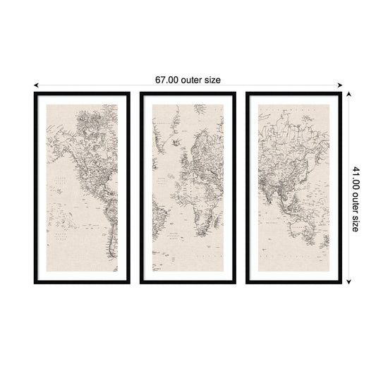 Vintage Black and White World Map Linen 3 Piece Framed Wall Art Print Set by The Creative Bunch Studio