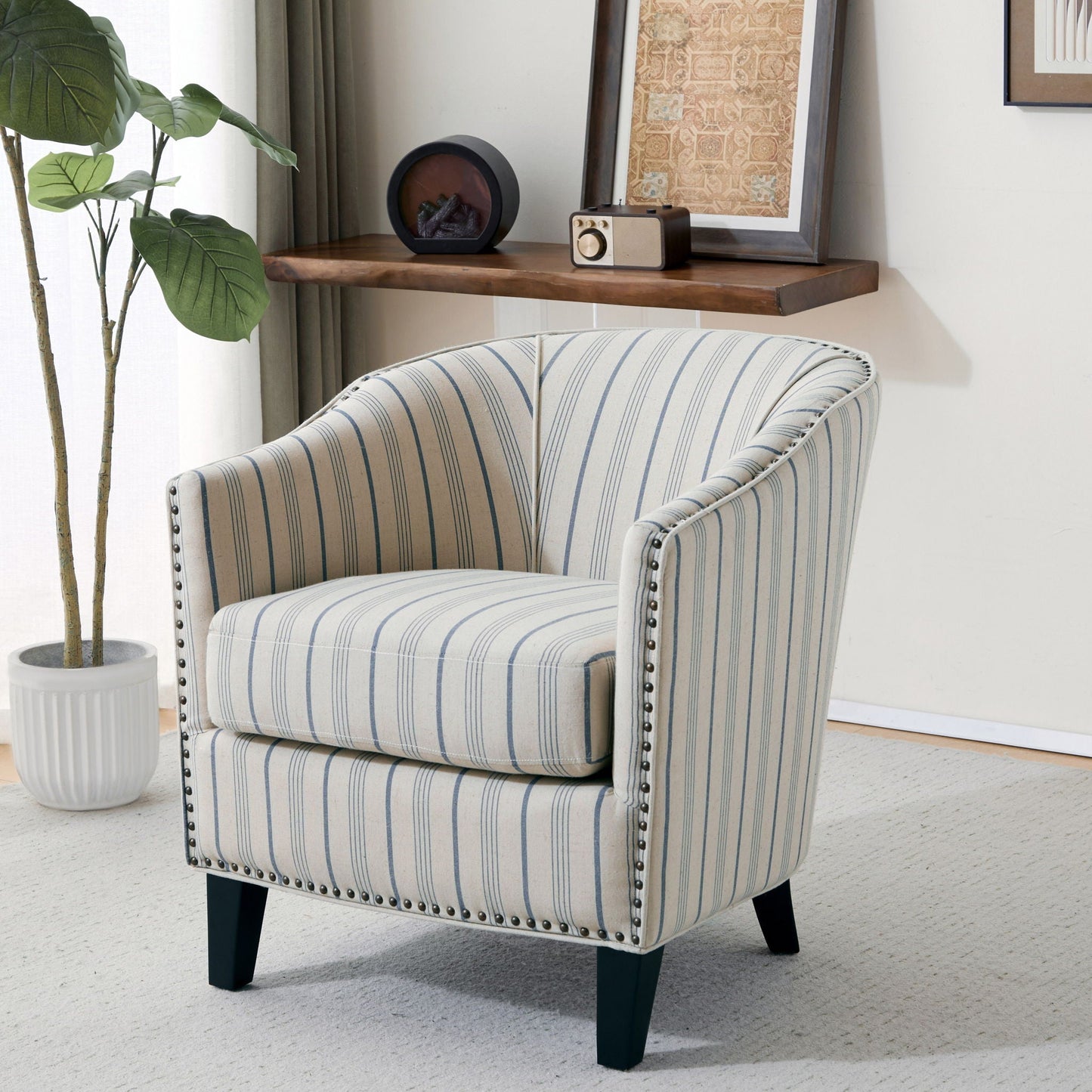 Transitional Upholstered Blue and Beige Stripe Barrel Chair with Birch Wood Legs