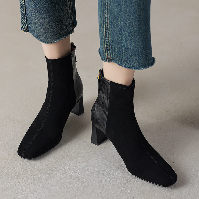 Women's Square Toe Chunky Heel Ankle Boots – Sheepskin Leather Patchwork