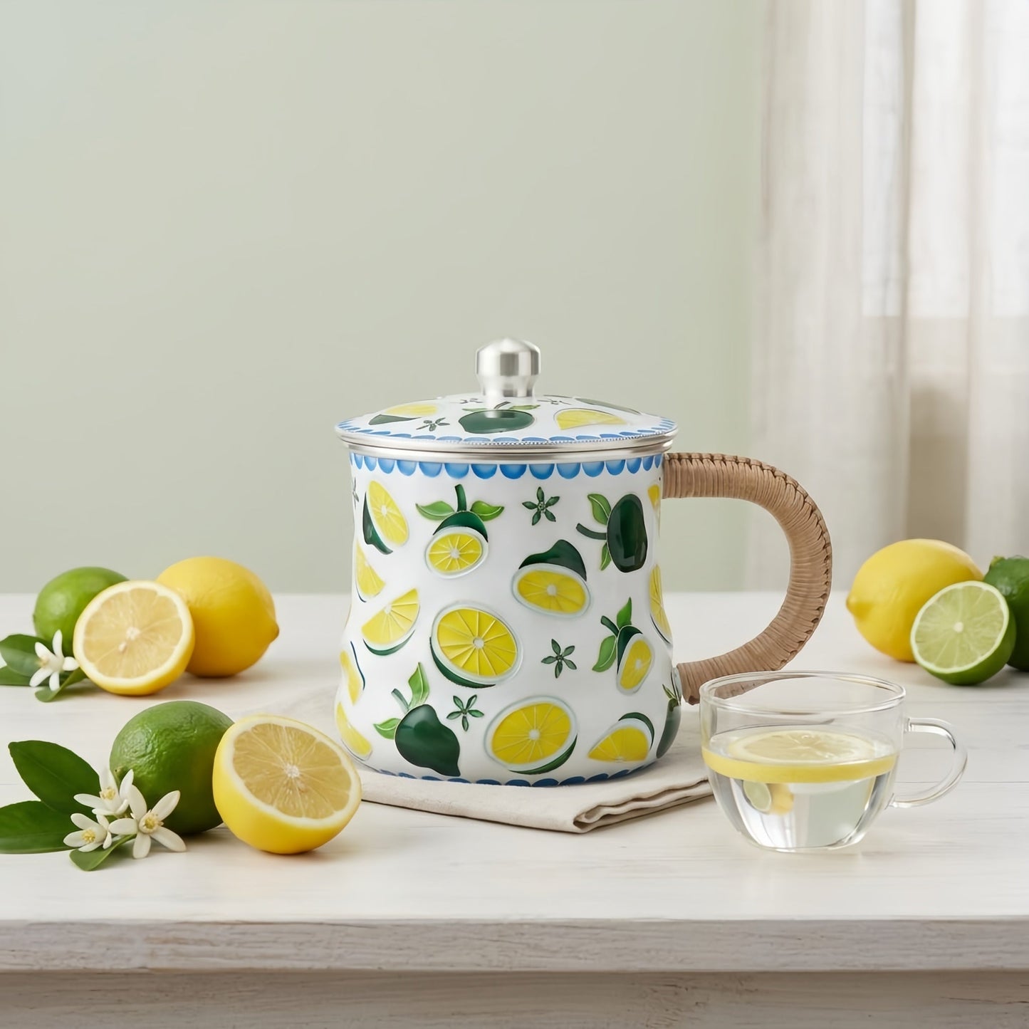 Pure 999 Fine Silver Vibrant Citrus Print Enamel Mug with Natural Wicker Handle and Lid - Handicraft