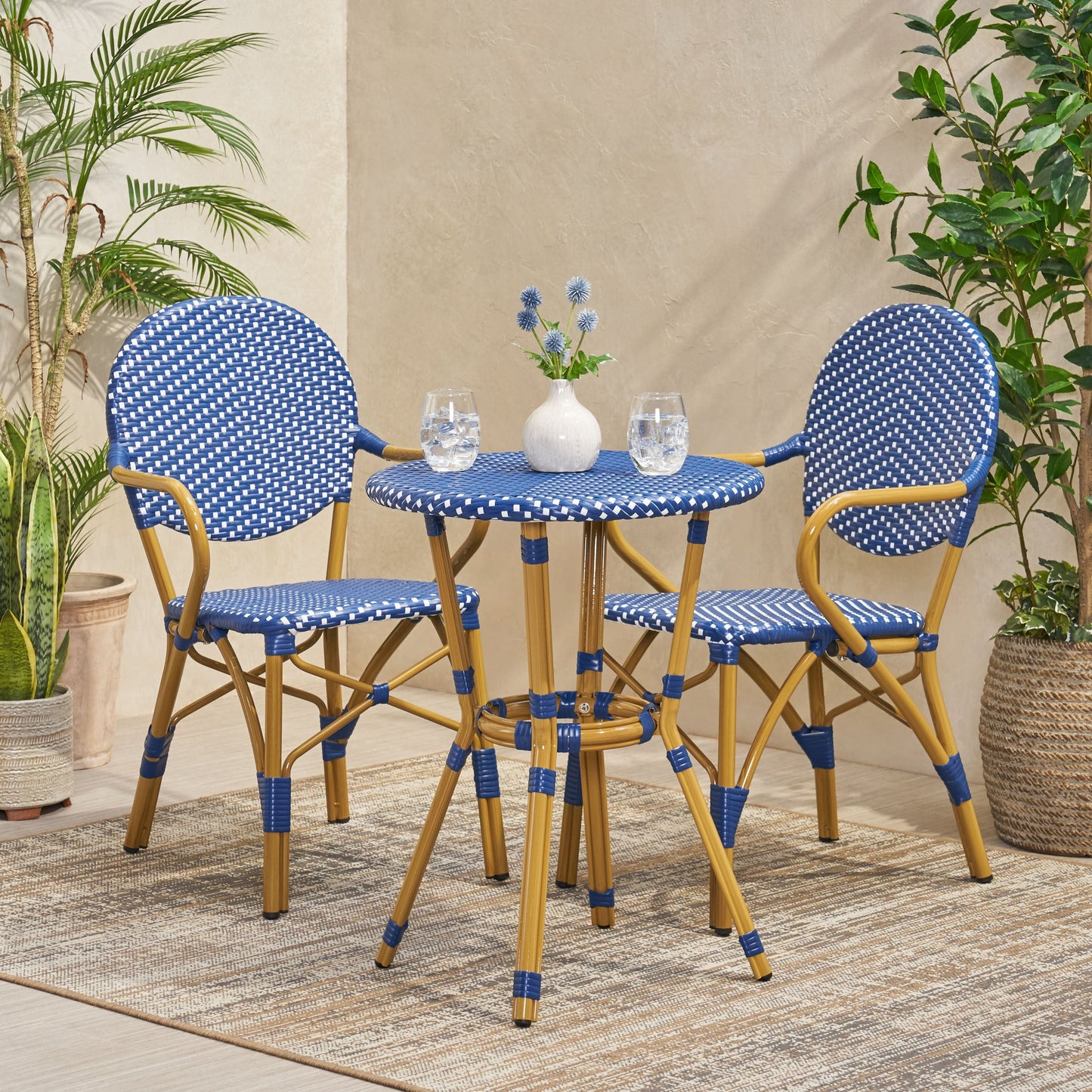Outdoor PE Rattan and Aluminum 3 Piece French Bistro Set, Dark Teal & White,