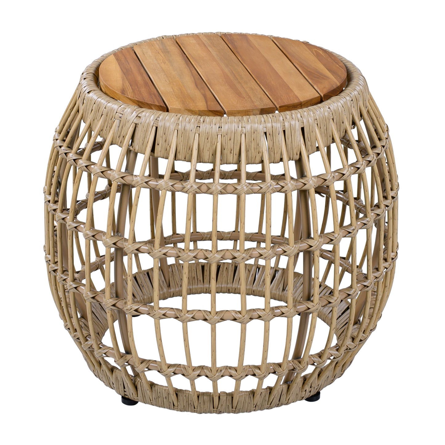 Outdoor Round Side Table Acacia Wood with Wicker Base Light Brown 16 Inch